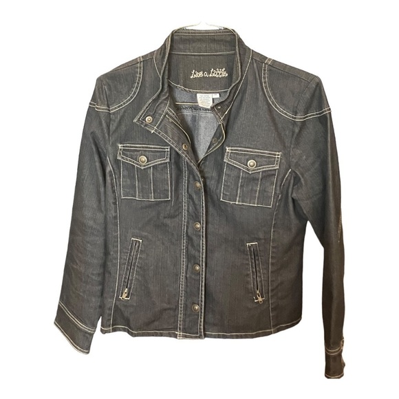 LIVE a Little Light Black Jeans Jacket Silver Hardware White Overstitching M - Picture 1 of 7
